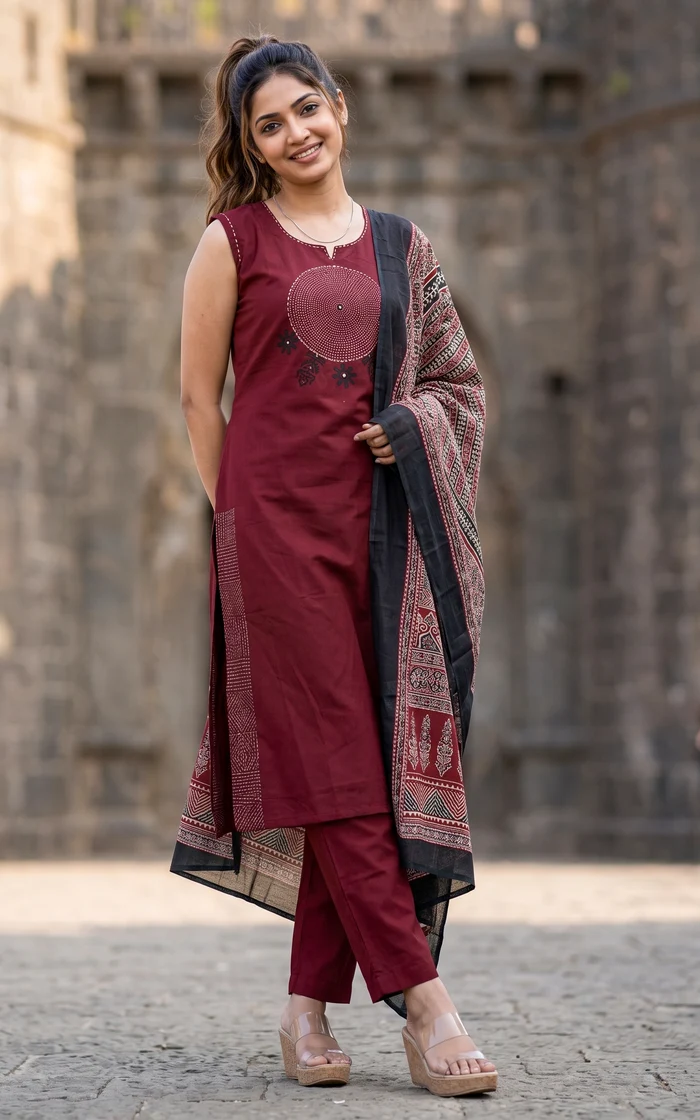 Maroon Solid Embroidered Kurta with Ajrakh Print Dupatta set
